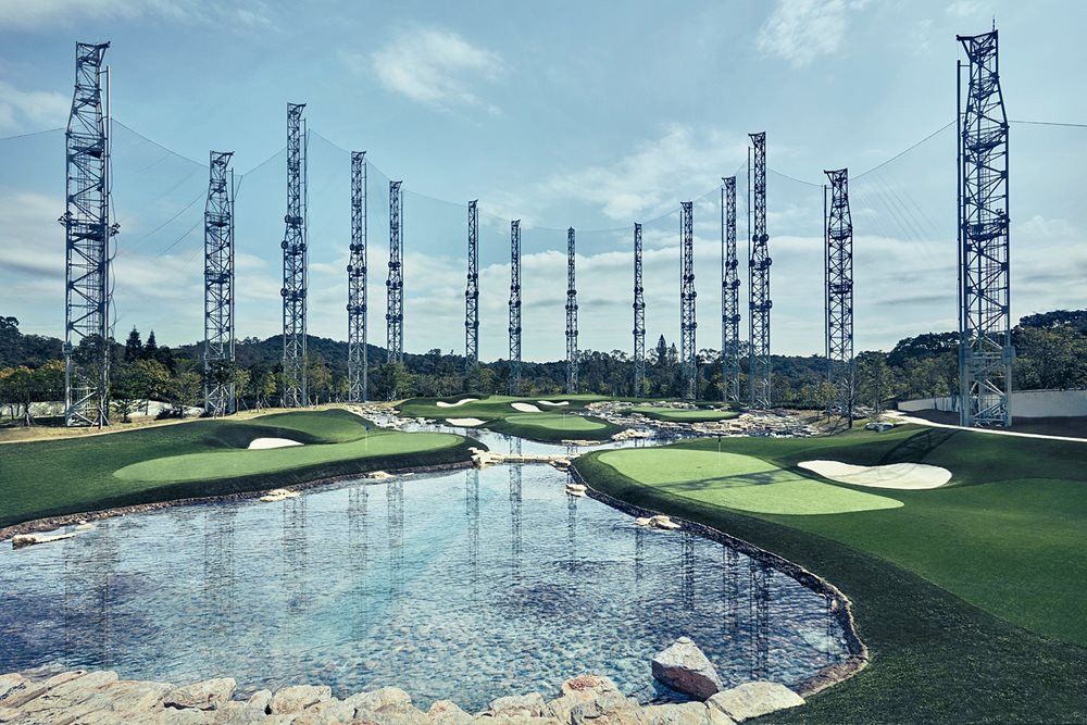 Los Angeles and Southern California Synthetic grass golf course with water and tall metal towers