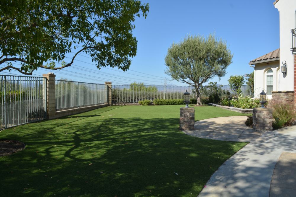 Beautiful residential backyard featuring the best artificial turf, creating a lush, low-maintenance lawn with clean edges, mature trees, and a scenic view beyond the fence.
