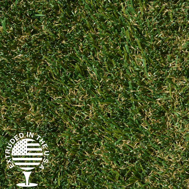 A close up image of artificial grass with green and brown