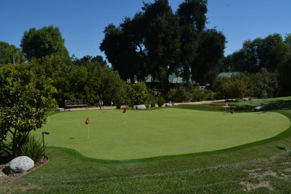 Elevated view of residential artificial putting green with red flagsticks and ball retriever station set in a mature landscaped California property